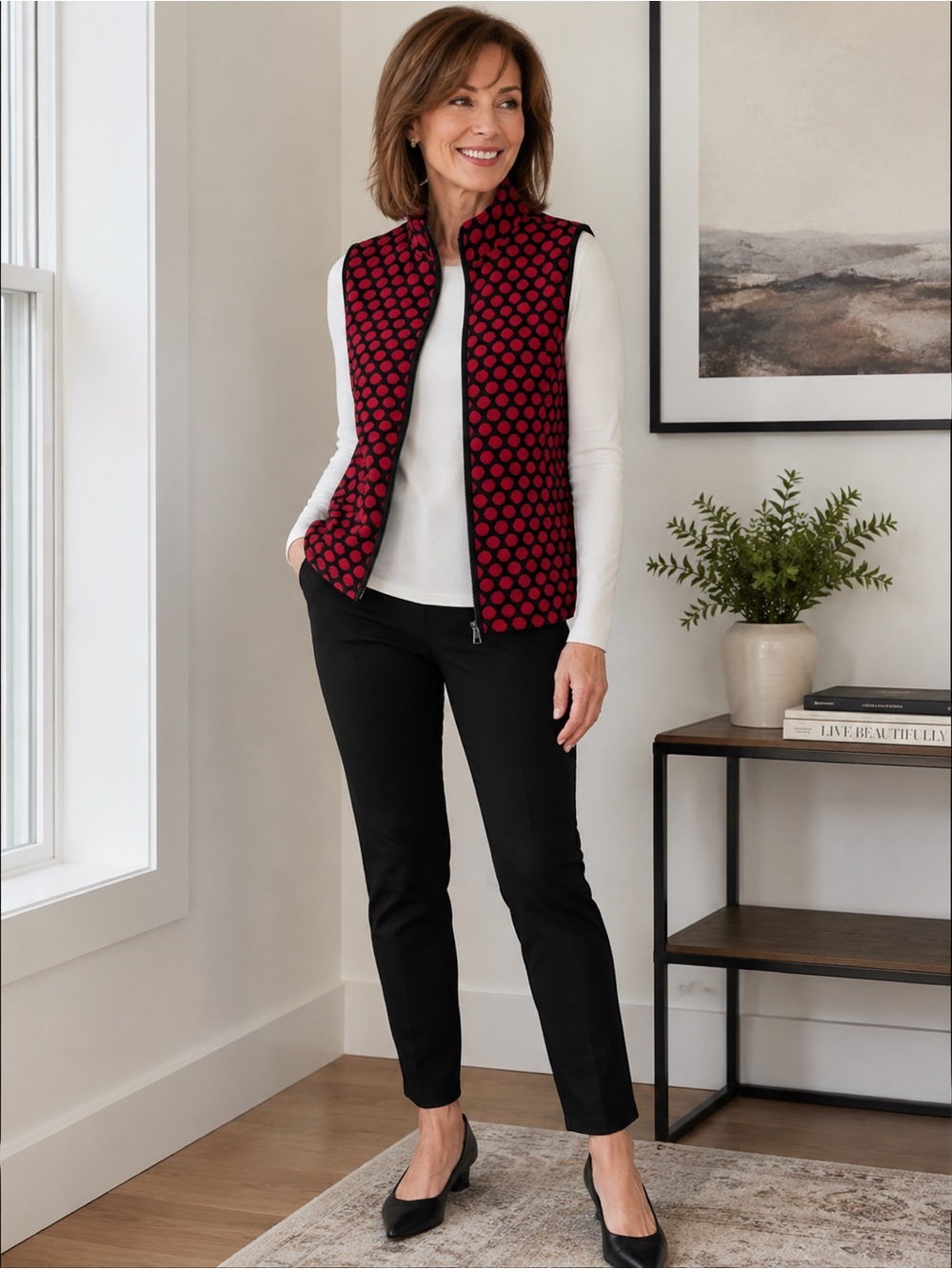 Kim Rogers Red & Black Polka Dot Quilted Vest